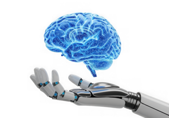 Robotic hand holding a glowing blue artificial intelligence brain, isolated on transparent background
