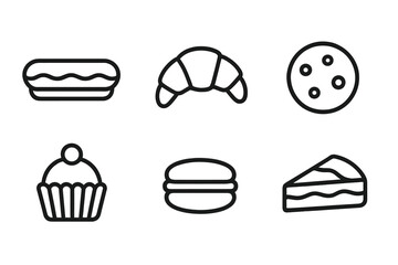 Six simple black line icons of various baked goods and desserts