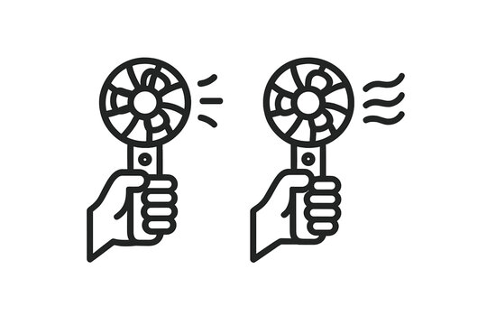 Hand holding portable electric fan with airflow icons
