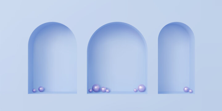 Blue wall with 3D niches in arch shape with shadows for gallery display, realistic vector. Arc niche inside of blue wall with pearl balls in frame box for exhibition showcase or boutique shop display