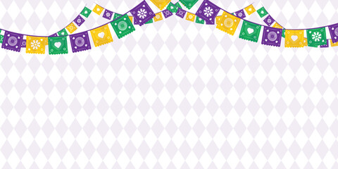 Mardi Gras banner with Mardi Gras Seamless Pattern. Vector illustration with retro light bulbs font, streamers, confetti and hanging garlands © yassine