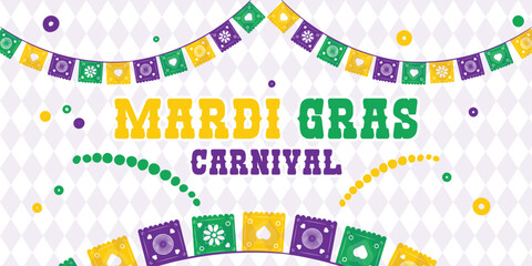 Mardi Gras banner with typography design. Vector illustration with retro light bulbs font, streamers, confetti and hanging garlands. Mardi Gras Seamless Pattern in background © yassine