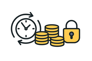 Clock coins and padlock icons symbolizing time money security concept