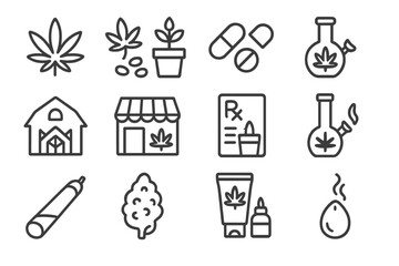 Line icons set for cannabis cultivation, retail, and consumption methods