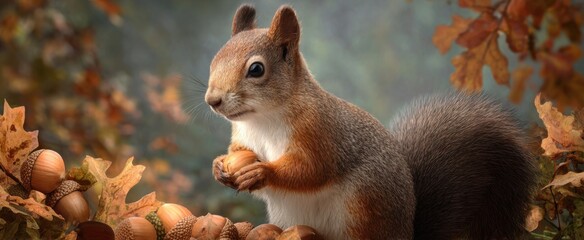 The squirrel collects acorns amid an autumn forest environment.