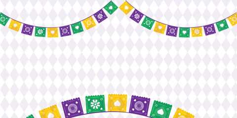 Mardi Gras banner with Mardi Gras Seamless Pattern. Vector illustration with retro light bulbs font, streamers, confetti and hanging garlands