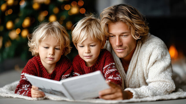 Family enjoying christmas bedtime reading together near a decorated tree with warm lighting in the background - Powered by Adobe