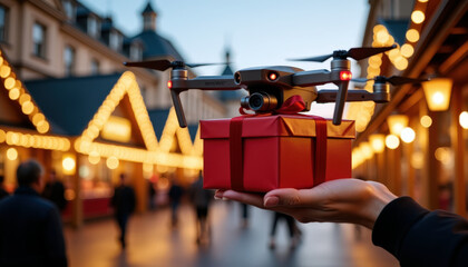 Drone carrying red gift box over festive city street with lit buildings at dusk