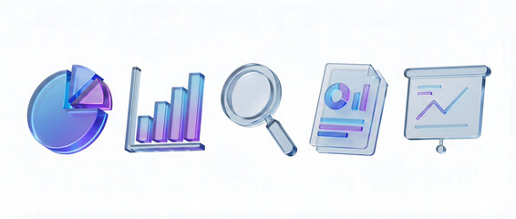 3D glass icons representing data analysis, business intelligence, financial reports, and market research tools on a white background.