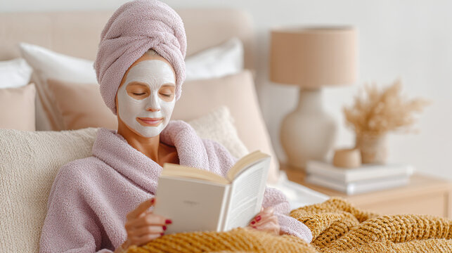 Woman relaxing with sheet mask and book in bedroom for home spa wellness evening