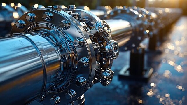 Industrial pipeline system with flanges and bolts, close-up view.