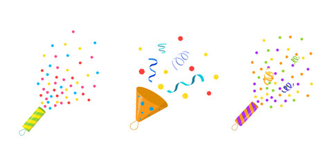 Festive firecracker and party popper set. Exploding Confetti, streamers, sparks and colorful celebration elements. Trendy modern vector illustration isolated on white background, hand drawn