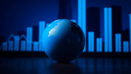 Generative AI depiction of a glossy globe surrounded by digital bar graphs in a futuristic data