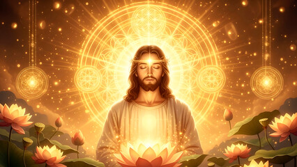 Jesus in Deep Prayer Surrounded by Lotus Flowers and Energy Orbs.
