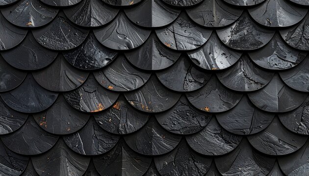 Close-Up of Overlapping Slate Tiles in Fish-Scale Pattern on Architectural Surface with Textured Finish