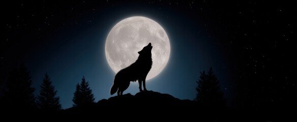 Naklejka premium A lonely wolf howling beneath the haunting glow of a full moon.