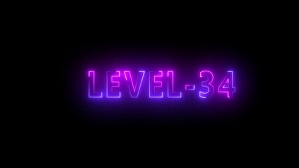 Level -34 neon bright text font colorful motion animation. Ideal for futuristic game intros animation. Neon level 34 up sing on black background. - Powered by Adobe