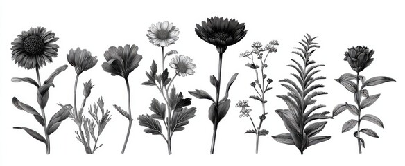 Botanical ink illustrations of diverse delicate flowering plants and lush green foliage