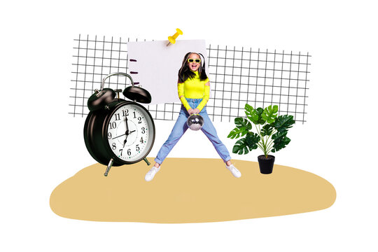 Image full image composite art collage of happy businesswoman jump disco ball clock time management workload sticker memo - Powered by Adobe
