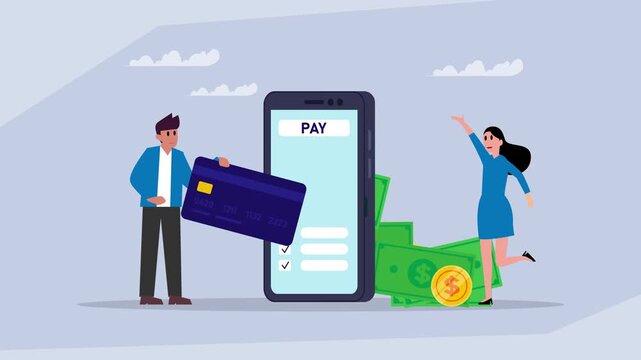 E-Payment Success: Man Holding Credit Card for Mobile Transaction with Money and Coins, Vector Animation cartoon animation