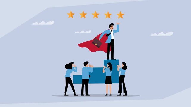 Business Leader Superhero Standing on Podium with 5 Stars and Cheering Team, Vector Animation cartoon animation