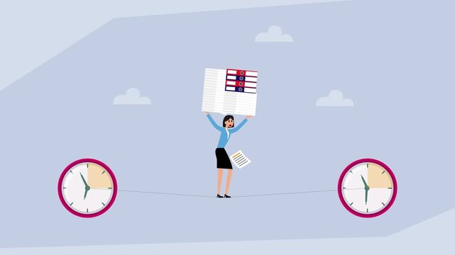 Businesswoman Balancing Heavy Workload on Tightrope Between Clocks cartoon animation