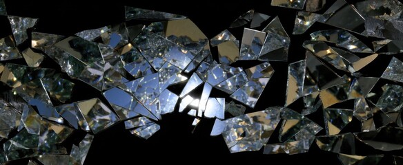Broken mirror shards casting fractured reflections and scattered light patterns.