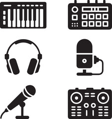 Musical Instruments and Studio Recording Gear Silhouette Icon Set - Vector Collection of Percussion, Brass, and DJ Equipment