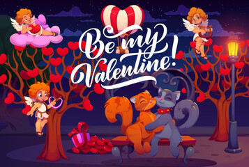 Obraz premium Valentine Day greetings with cupid cherubs and cats on love date, vector poster. Valentine day holiday greeting card with funny cats in love sitting on bench and hugging in night park with cupids