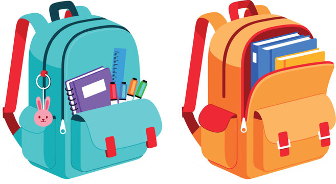 Vibrant and Colorful School Backpacks Vector Illustration featuring Books, Stationery, and Accessories for Back to School and Education Concepts.