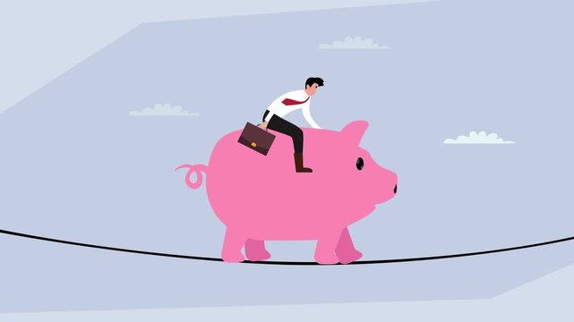 Financial Risk and Investment Volatility: Businessman on Piggy Bank Tightrope cartoon animation