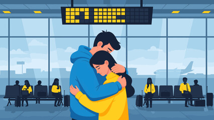 Couple hugging at airport departure gate with airplane visible through window, emotional farewell scene.