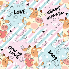 Cute kawaii cow in love seamless pattern on pastel stripes