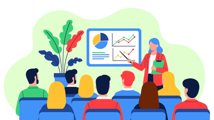 Business woman presenting financial chart on screen to audience during seminar or meeting