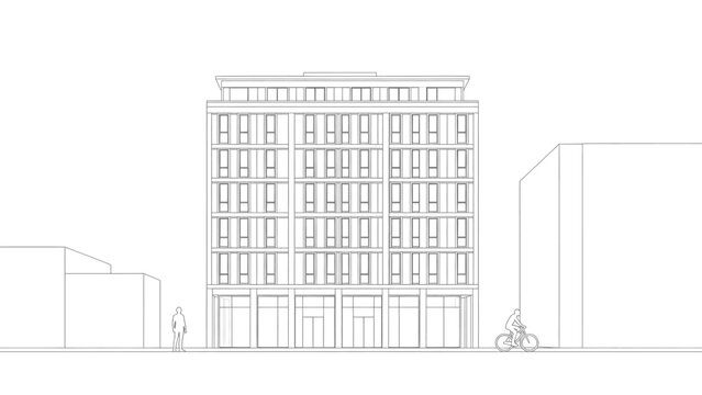 Architectural line drawing of a modern, multi-story commercial building facade with repetitive windows and ground floor retail.