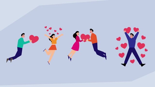 Love and Connection: Diverse People Floating with Red Hearts cartoon animation