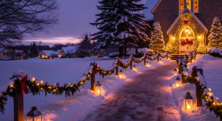 Christmas church entrance adorned with garlands and white lights, pathway with lanterns through snow at twilight. Winter evening scene for holiday greeting card.