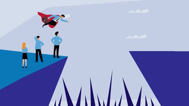 Superhero Businessman Flying Across Chasm Gap Risk Taker and Leadership cartoon animation