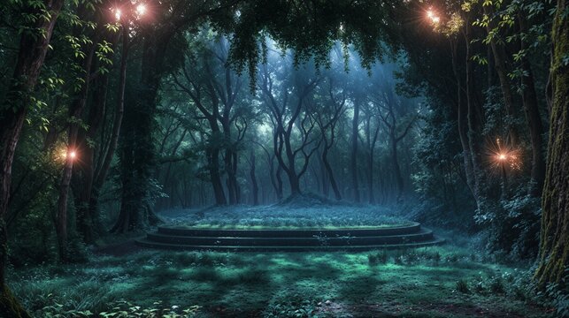 A mystical clearing in a dark, foggy forest featuring a circular stone platform and glowing lights, fantasy digital illustration - Powered by Adobe