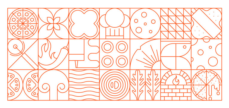 Abstract geometric pizza pattern of line shapes and figures, vector background. Pizza pattern with ingredients in geometric shapes of cheese, sausage and mushrooms in trendy mosaic for pizzeria design