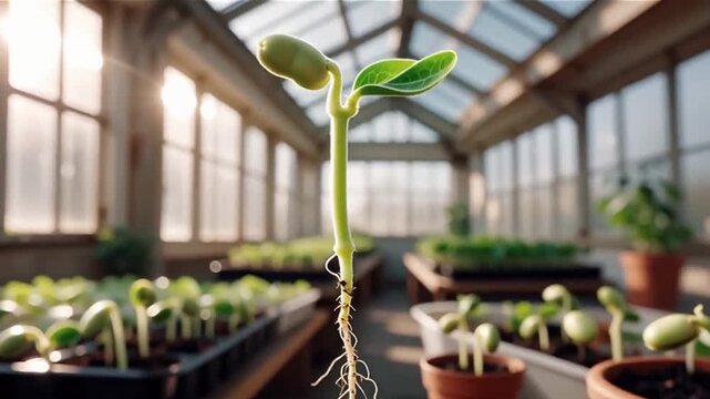 Time-lapse of a green bean sprout pushing through soil, growing steadily under gentle sunlight.