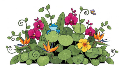 Tropical Garden Paradise: A vibrant garden scene features a cheerful frog, orchids, birds of paradise, a hibiscus, and a butterfly, creating a harmonious and colorful display of nature's beauty.