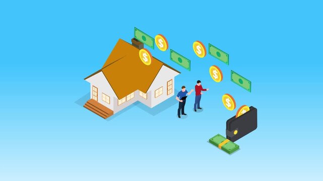 Real Estate Investment and Mortgage Payment. Isometric Illustration of Two Men Buying a House with Money Flowing into a Wallet 3d animation cartoon