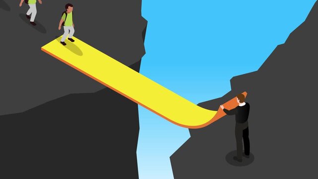 Mentorship, Leadership, and Support. Businessman Bridging a Chasm to Help Others Cross 3d animation cartoon