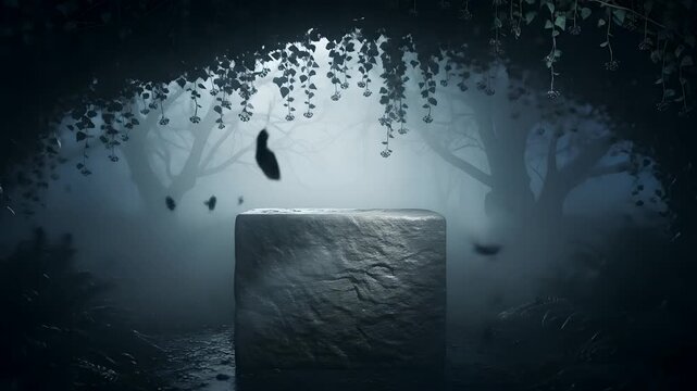 Mysterious stone pedestal in a dark, enchanted forest with falling leaves and mist, ideal for product presentations, logo reveals, game backdrops, or dramatic cinematic intros.