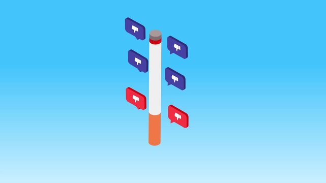 Social Media Debate on Smoking and Health Risks. Cigarette with Like and Dislike Notification Icons 3d animation cartoon