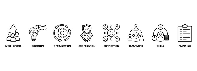 Business teamwork banner web icon vector illustration concept with icon of work group, solution, optimization, cooperation, connection, teamwork, skills, planning 