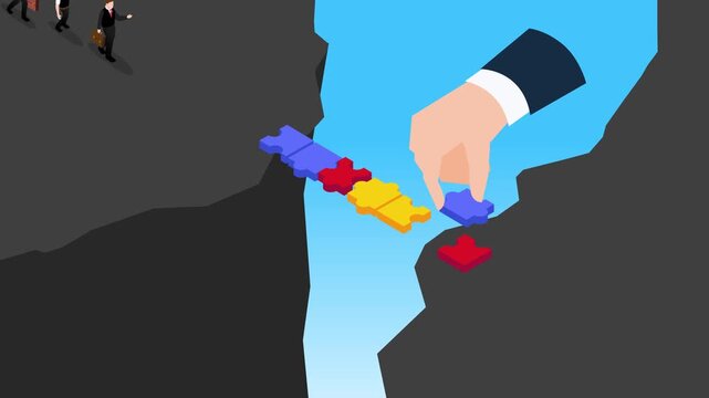 Problem Solving, Partnership, and Support in Business. Giant Hand Completing a Puzzle Bridge for Businessmen to Cross a Chasm 3d animation cartoon