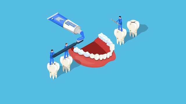 Dental Hygiene Team Brushing Teeth with Giant Toothpaste and Toothbrush 3d animation cartoon