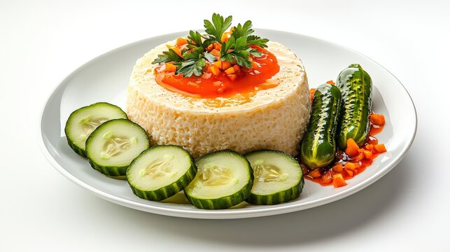 An elegant plate presents a savory rice timbale topped with orange sauce and parsley, complemented by fresh cucumber slices and two whole crisp pickles.